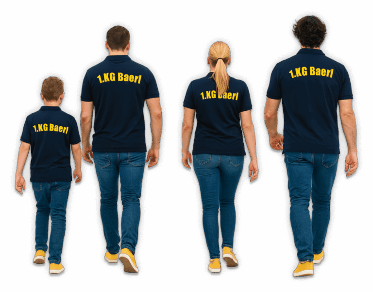Mitglieder laufen und tragen T-Shirts der ersten KG Blau-Gelb Baerl